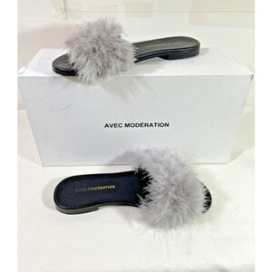 Avec Moderation Bora Bora Slides Womens 35 Pearl Gray #12 Marabou Feathers Italy